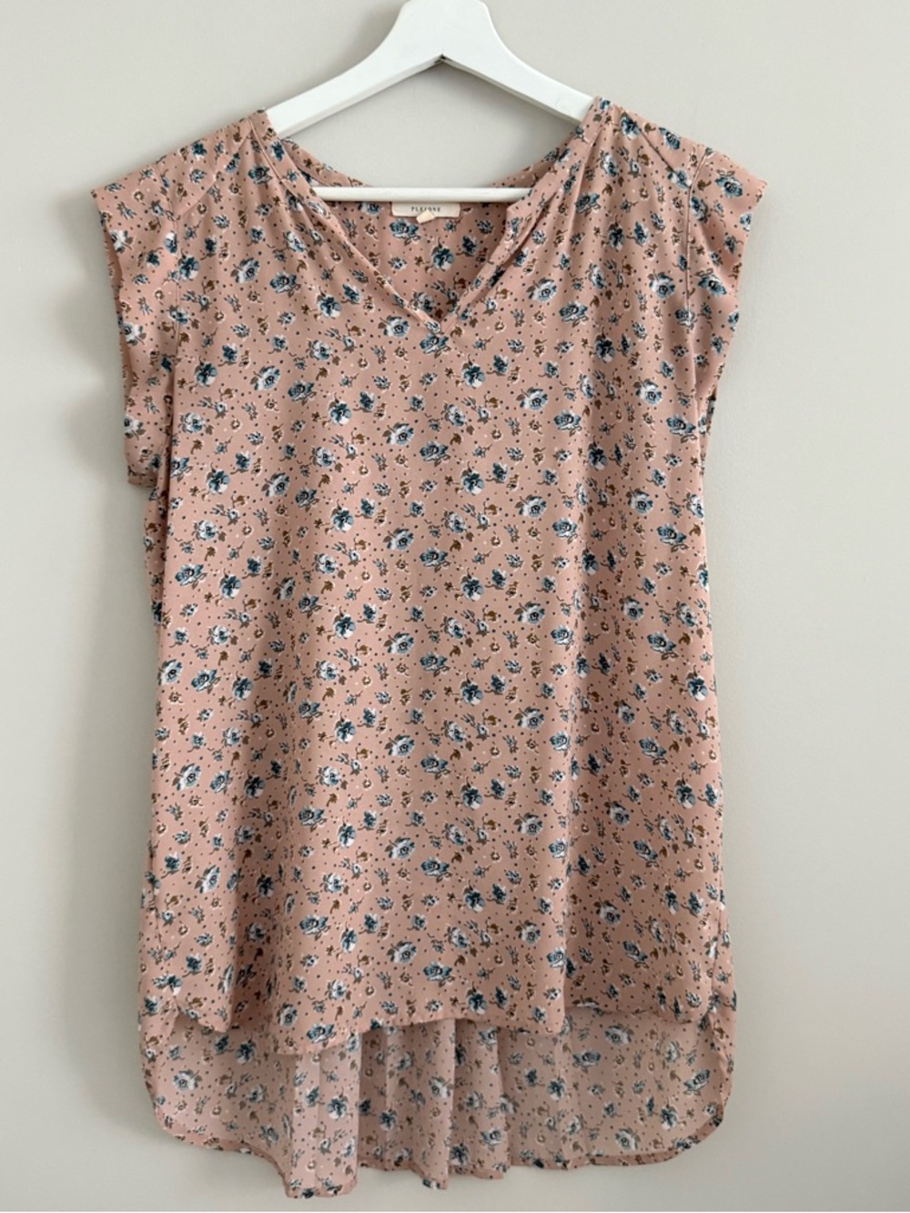 Pleione V Neck Pleated Back Cap Sleeve Blouse Blush Blue Flower Small